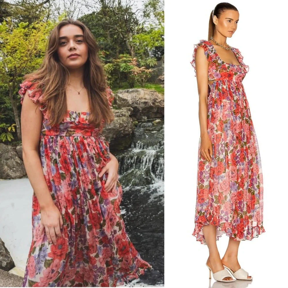 ZIMMERMANN Silk Floral Print Sleeveless Empire Waist Tie Back Lovestruck Dress M - Picture 5 of 16